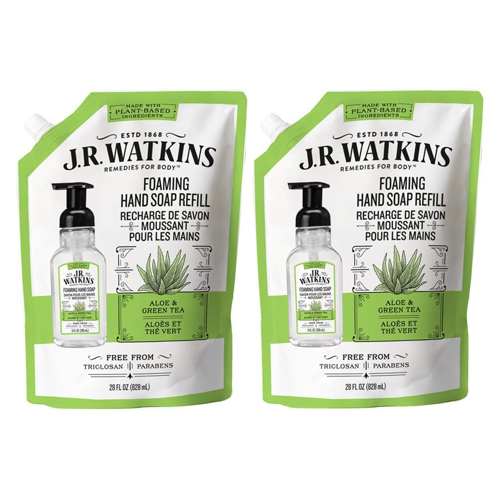 J.R. Watkins Foaming Hand Soap Refill Pouch, Scented Foam Handsoap for Bathroom or Kitchen, USA Made and Cruelty Free, 28 fl oz, Aloe &amp; Green Tea, 2 Pack