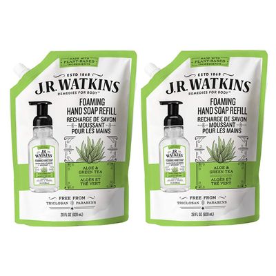 J.R. Watkins Foaming Hand Soap Refill Pouch, Scented Foam Handsoap for Bathroom or Kitchen, USA Made and Cruelty Free, 28 fl oz, Aloe &amp; Green Tea, 2 Pack