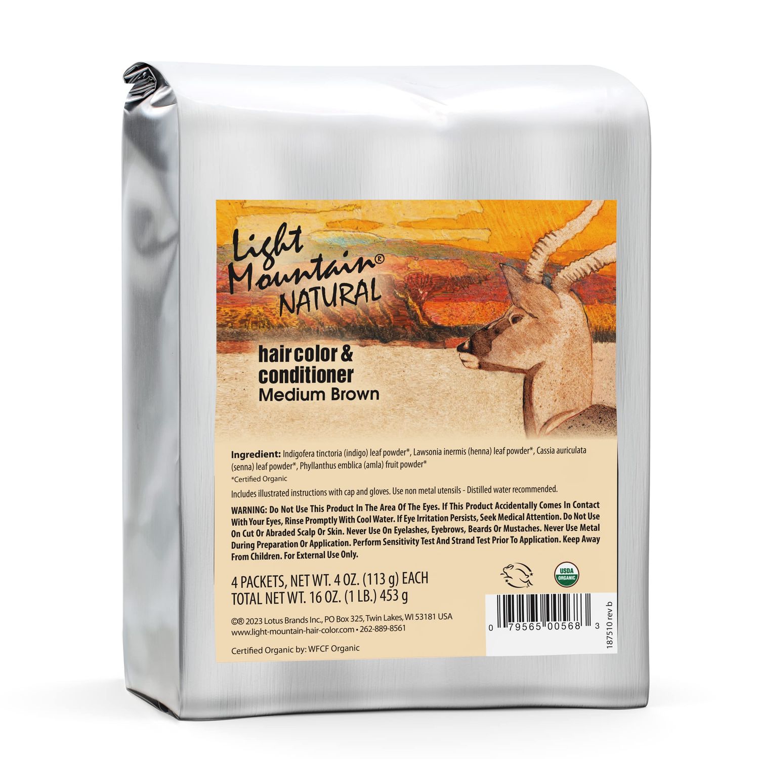 Light Mountain Henna Hair Color &amp; Conditioner - Medium Brown Hair Dye for Men/Women, Organic Henna Leaf Powder and Botanicals, Chemical-Free Semi-Permanent Hair Color, 16 Oz