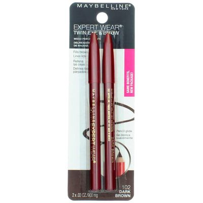 Maybelline Expert Eyes Twin Brow &amp; Eye Pencil, Dark Brown [102], 0.06 oz (Pack of 6)