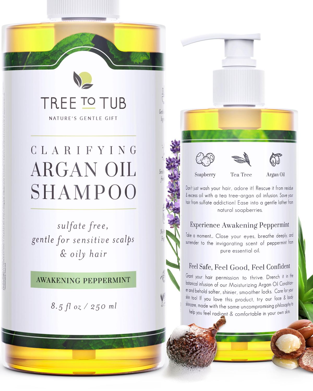 Tree to Tub Peppermint Shampoo for Oily Hair &amp; Sensitive Scalp - Gentle Clarifying Shampoo for Build Up, Sulfate Free Anti Residue Hair Shampoo for Women &amp; Men w/Organic Argan Oil, Natural Aloe Vera