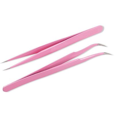 AKOAK 2 Pieces Stainless Steel Tweezers for Eyelash Extension - Straight and Curved Tip Tweezers - Pink