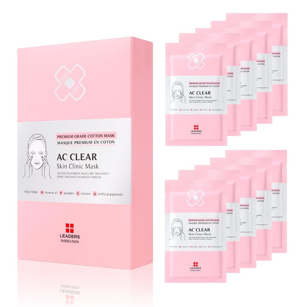 Leaders Insolution AC Clear Skin Clinic Mask | Snail Secretion &amp; Tea Tree Oil for Acne, Redness, Oil Control | 100% Cotton Bemliese Sheet | Balances &amp; Soothes Sensitive Skin (10 Sheets)