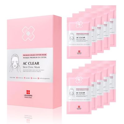 Leaders Insolution AC Clear Skin Clinic Mask | Snail Secretion &amp; Tea Tree Oil for Acne, Redness, Oil Control | 100% Cotton Bemliese Sheet | Balances &amp; Soothes Sensitive Skin (10 Sheets)