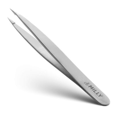 By MILLY Pointed Tweezers | High Carbon Stainless Steel Needle Nose Tweezers | Fine Point Tweezers Precision Hair Removal | Perfectly Aligned &amp; Hand-Filed Sharp Tweezers | Silver