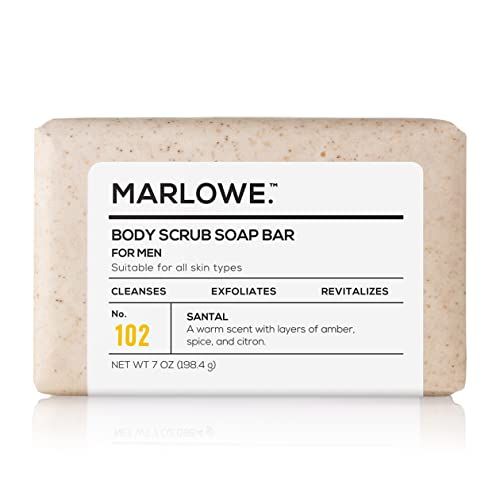 MARLOWE. No. 102 Men&#39;s Body Scrub Soap 7 oz, Warm Santal Scent, Best Exfoliating Bar for Men, Made with Natural Ingredients, Apricot Seed Powder, Shea Butter, Olive Oil, Green Tea Extracts