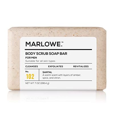 MARLOWE. No. 102 Men&#39;s Body Scrub Soap 7 oz, Warm Santal Scent, Best Exfoliating Bar for Men, Made with Natural Ingredients, Apricot Seed Powder, Shea Butter, Olive Oil, Green Tea Extracts