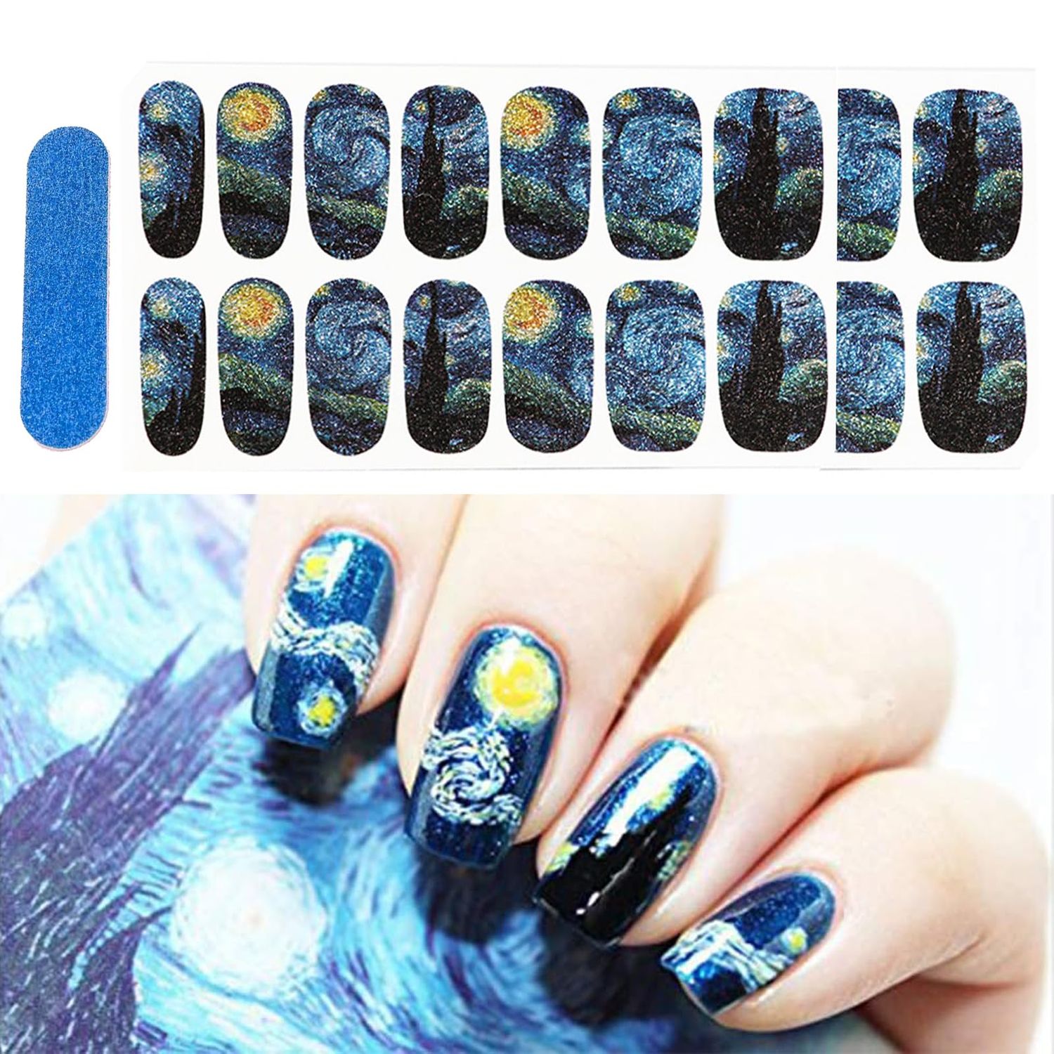 3D Van Gogh&#39;s Starry Night Fullnail Stickers, Full Nail Starry Sky Art Gel Nail Polish Sticker Decals, Shimmery Glittery, Long Lasting, Easy to Apply &amp; Remove - 2 Sheets(28 Nail Wraps) and 1 Nail File