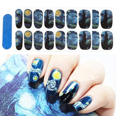 3D Van Gogh&#39;s Starry Night Fullnail Stickers, Full Nail Starry Sky Art Gel Nail Polish Sticker Decals, Shimmery Glittery, Long Lasting, Easy to Apply &amp; Remove - 2 Sheets(28 Nail Wraps) and 1 Nail File