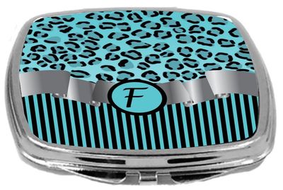 Rikki Knight Compact Mirror, Letter f Initial Sky Blue Leopard Stripes Monogram