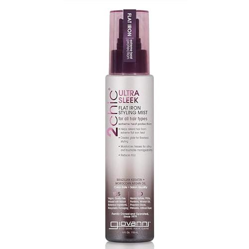 GIOVANNI 2chic Ultra-Sleek Flat Iron Styling Mist - Brazilian Phyto-Keratin &amp; Moroccan Argan Oil, Heat Protection, Coconut, Shea Butter, Pro-Vitamin B5, Color Safe, Paraben Free - 4 oz