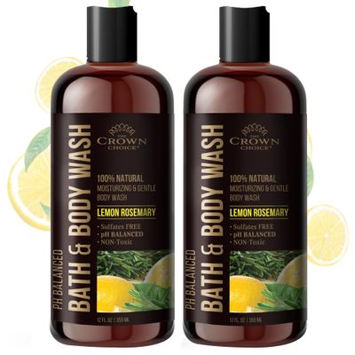 Natural Body Wash for Women, Men &amp; Kids - Organic Lemon Rosemary - 12oz pH 5.5-Best pH Balance-Liquid Soap for All Skin Types-Moisturizing Sulfate &amp; Chemical Free Shower / Bath Liquid Gel (Pack of 2)