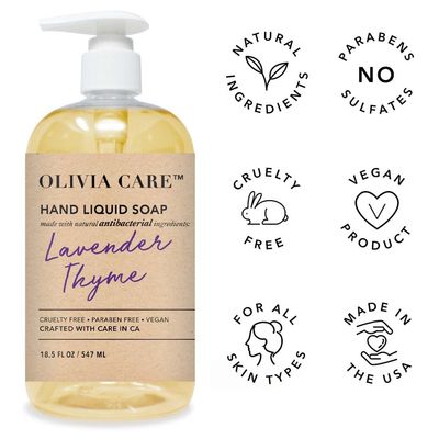 Olivia Care Antibacterial Hand Soap - Infused with Sage &amp; Tea Tree Oil &amp; Lavender Thyme Fragrance, Cleansing, Germ-Fighting, Moisturizing Hand Wash for Kitchen &amp; Bathroom - 18.5 fl oz