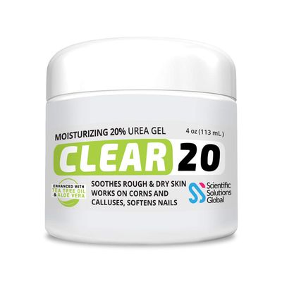 Clear 20, 20% Urea Gel, 4 oz w/Tea Tree &amp; Coconut Oil, Aloe Vera Extract, Callus &amp; Corn Remover Moisturizes &amp; Softens Cracked Heels, Feet, Elbows, Hands, Nails, Superior Hydration to Urea Creams