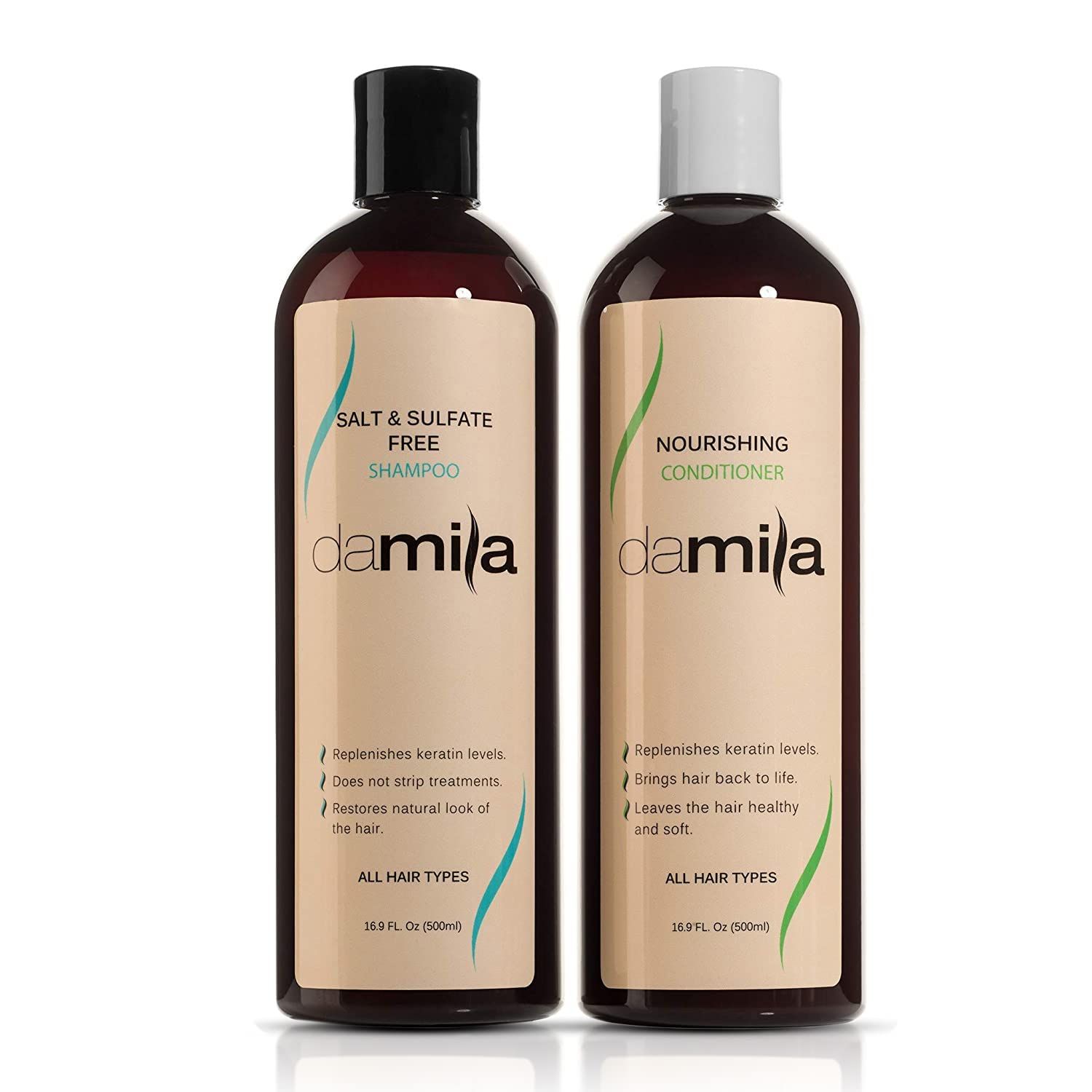 Damila Salt &amp; Sulfate Free Shampoo &amp; Conditioner for Keratin and Color Treated Hair - Professional Keratin Value Pack for Damaged, Frizzy, Curly, Dry &amp; Thin Hair - Shampoo Sin Sal - 16.9 Fl Oz