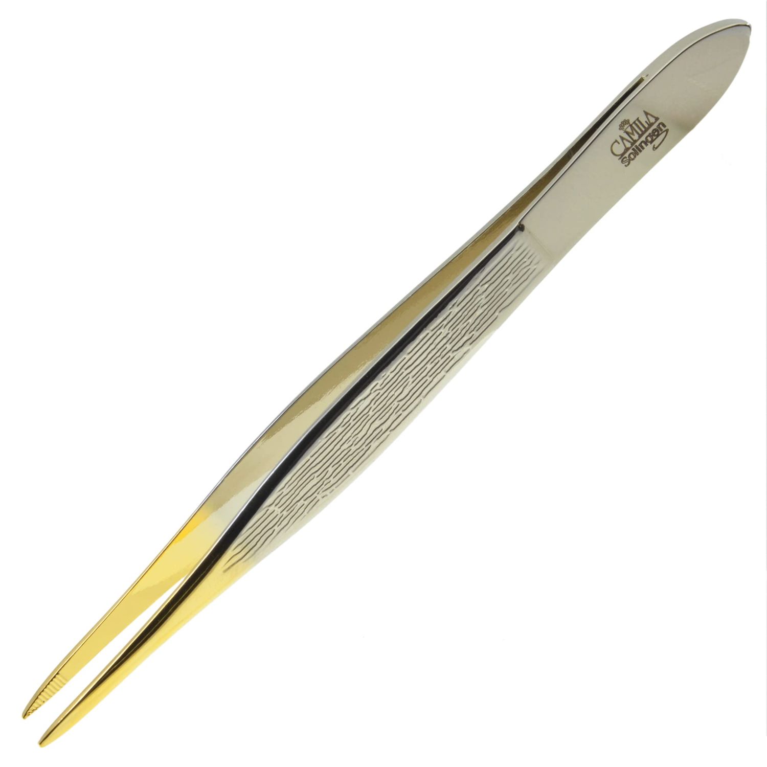 Camila Solingen CS32 3 1/2&quot; Gold Tipped, Surgical Grade, German Stainless Steel Tweezers (Pointed) - Flawless Eyebrow and Facial Hair Shaping and Removal for Men/Women