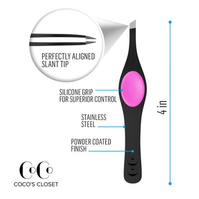 Slanted Professional Tweezers for Eyebrows &amp; Plucking - Precision Tweezers for Women Facial Hair Removal, Ingrown Hairs, Men Grooming Kit - Sharp Tweezer has Silicone Grip by CoCos Closet, Black