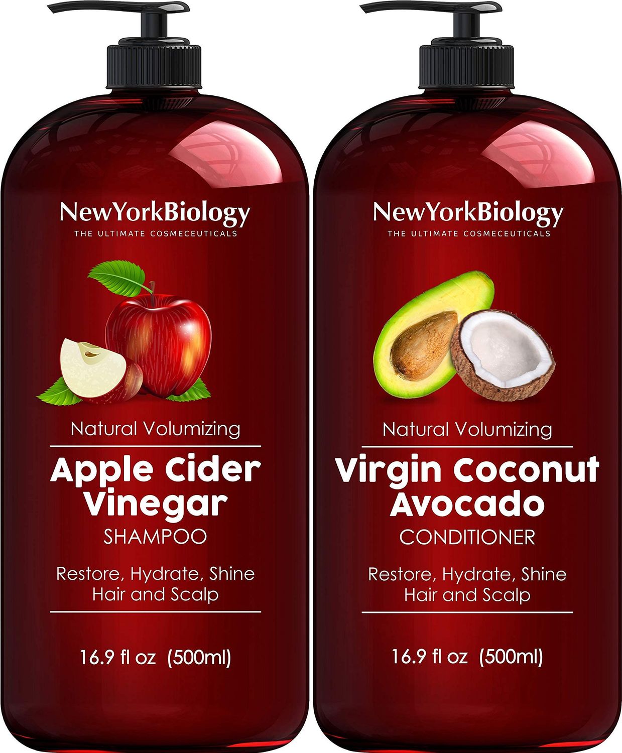 New York Biology Apple Cider Vinegar Shampoo and Coconut Avocado Oil Conditioner Set - Helps Restore Shine, Hair Gloss and Hydration for Dry Hair &amp; Itchy Scalp - Clarifying &amp; Nourishing - 16.9 Fl Oz
