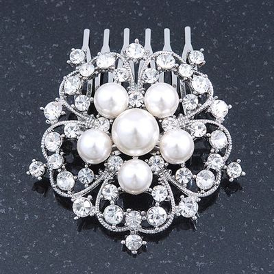 Bridal/Wedding/Prom/Party Rhodium Plated Austrian Clear Crystal, Synthetic Pearl 'Open Flower' Hair Comb - 55mm