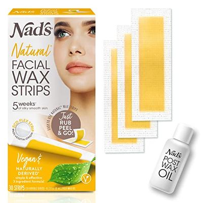 Nad&#39;s Facial Wax Strips - Natural All Skin Types - Waxing Kit With 30 Face Wax Strips &amp; Post Wax Oil, 1 Count