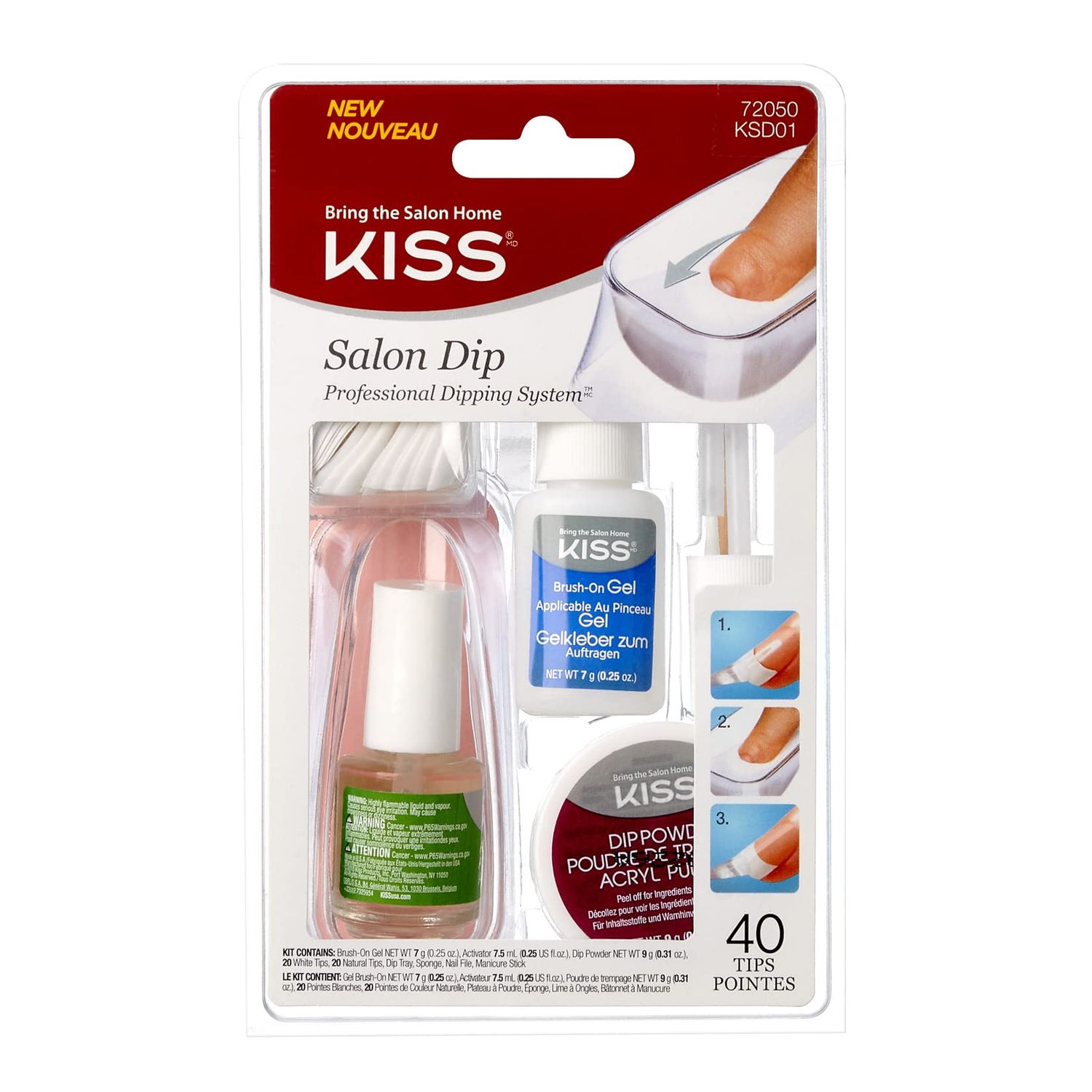 KISS Salon Dip Powder Nail Kit Professional Dipping System with Brush-On Gel, Dip Powder, Activator, 2 Brushes, Dipping Trough, Cuticle Stick, Sponge, Nail File, &amp; 40 Nail Tips