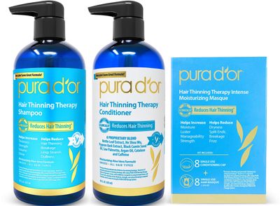 PURA D&#39;OR Hair Thinning Therapy 3-Piece Set, Shampoo, Conditioner &amp; Masque for Best Results, Infused with Argan Oil, Biotin, All Hair Types, Men &amp; Women (Packaging may vary)