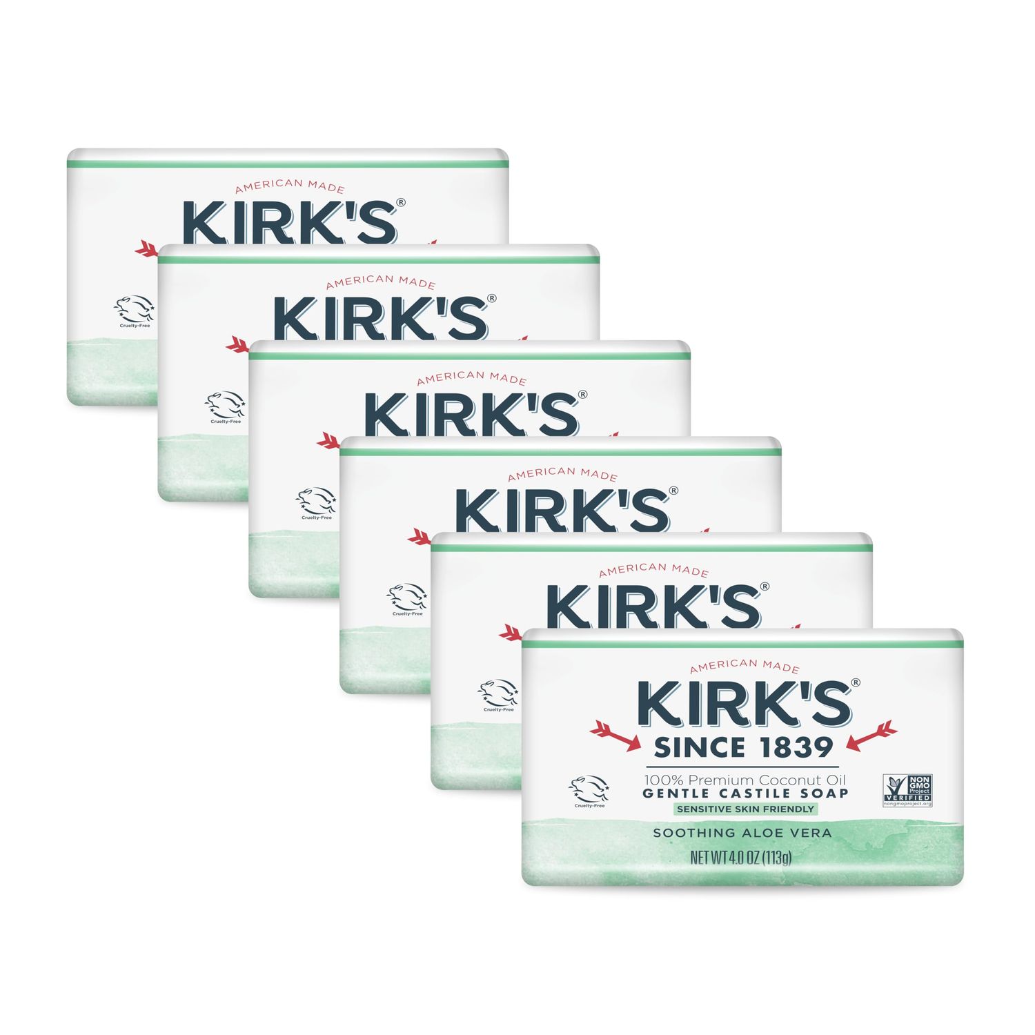Kirk&#39;s Castile Bar Soap for Men, Women &amp; Children - Made with Premium Coconut Oil, Sensitive Skin Formula, Vegan, Non GMO, Aloe Vera, 4 oz. Bars 6 Pack