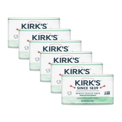 Kirk&#39;s Castile Bar Soap for Men, Women &amp; Children - Made with Premium Coconut Oil, Sensitive Skin Formula, Vegan, Non GMO, Aloe Vera, 4 oz. Bars 6 Pack