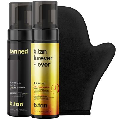 b.tan Dark &amp; Long Lasting Self Tan Kit | Besties Bundle - Dark Tanning Mousse Duo with Mitt Applicator Glove, 1 Hour Express, Fast Sunless Tanner, Face &amp; Body, No Fake Tan Smell, Vegan &amp; Cruelty Free