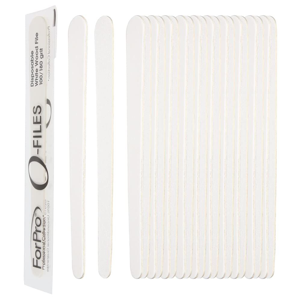 ForPro Professional Collection O-Files Wood Files, White, 100/180 Grit, Double-Sided Manicure &amp; Pedicure Nail Files, Individually-Wrapped, 6 L x 0.75 W, 100-Count