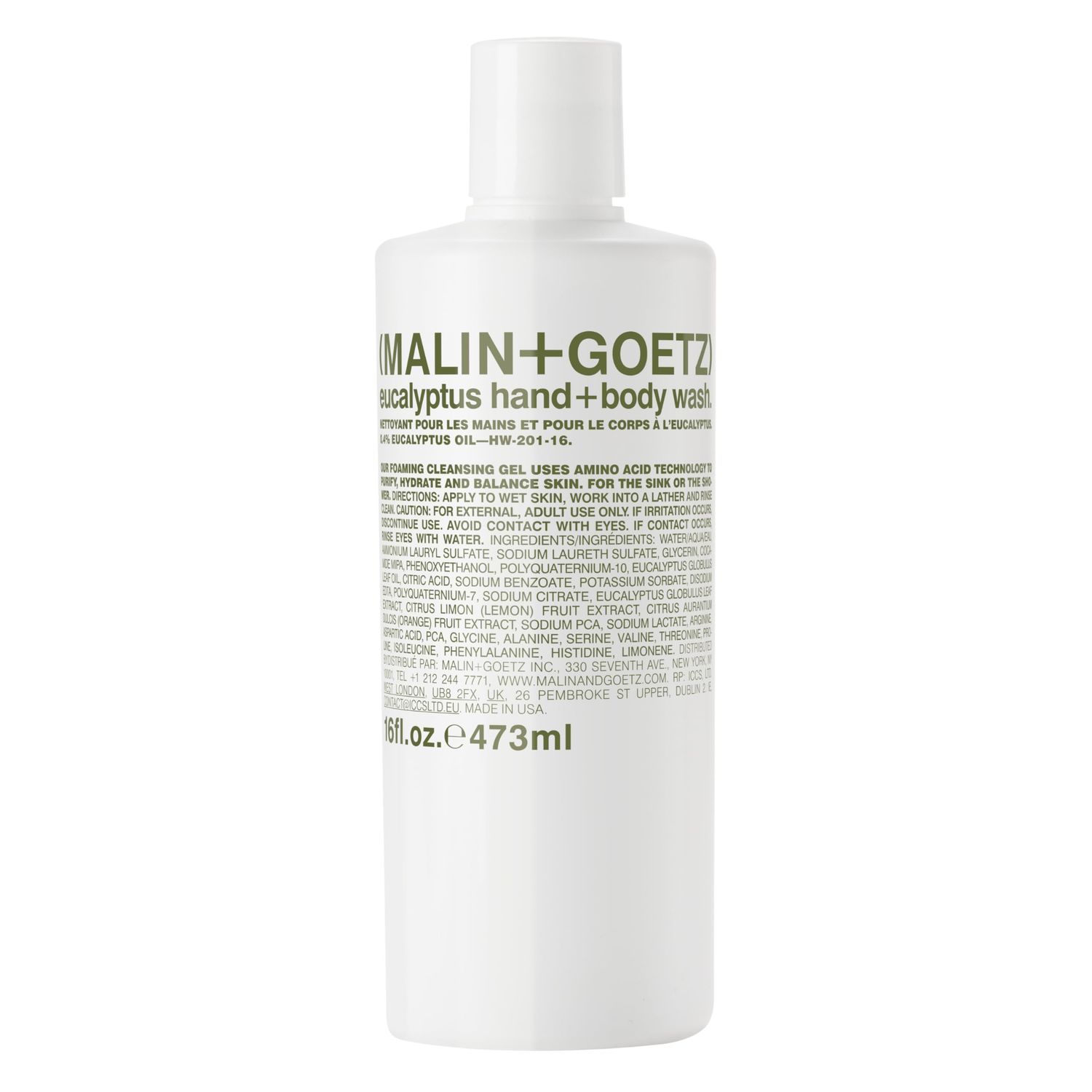 Malin + Goetz Eucalyptus Hand + Body Wash natural cleansing, purifying, hydrating hand &amp; body wash. all skin types, dry, irritated, sensitive. No stripping/irritation. Cruelty-free &amp; vegan 16 Fl oz
