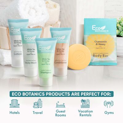 Eco Botanics Hotel Soaps &amp; Toiletries Bulk Set | 0.85oz Hotel Shampoo &amp; Conditioner, Body Wash, Body Lotion &amp; Bar Soap Travel Size | 300 Pieces