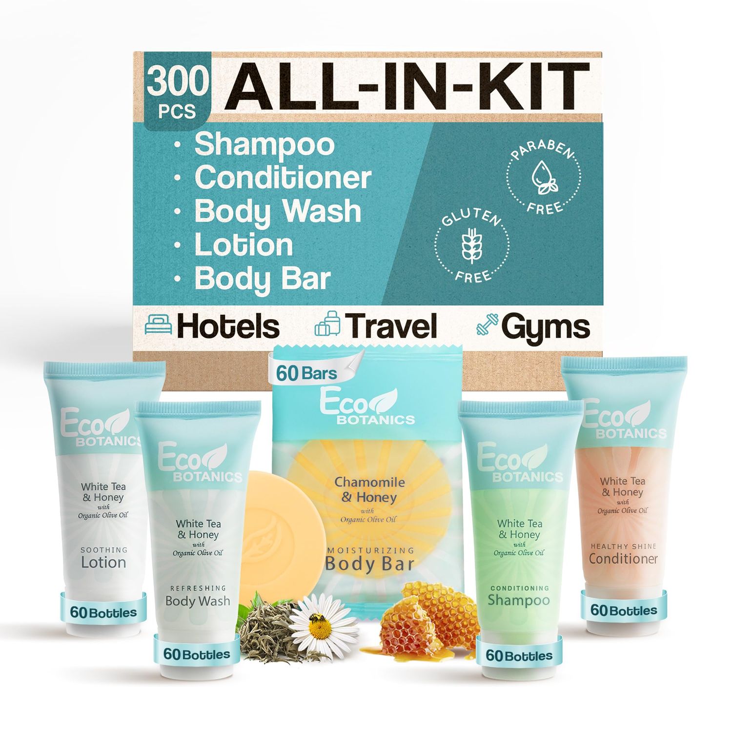 Eco Botanics Hotel Soaps &amp; Toiletries Bulk Set | 0.85oz Hotel Shampoo &amp; Conditioner, Body Wash, Body Lotion &amp; Bar Soap Travel Size | 300 Pieces
