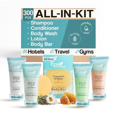 Eco Botanics Hotel Soaps &amp; Toiletries Bulk Set | 0.85oz Hotel Shampoo &amp; Conditioner, Body Wash, Body Lotion &amp; Bar Soap Travel Size | 300 Pieces
