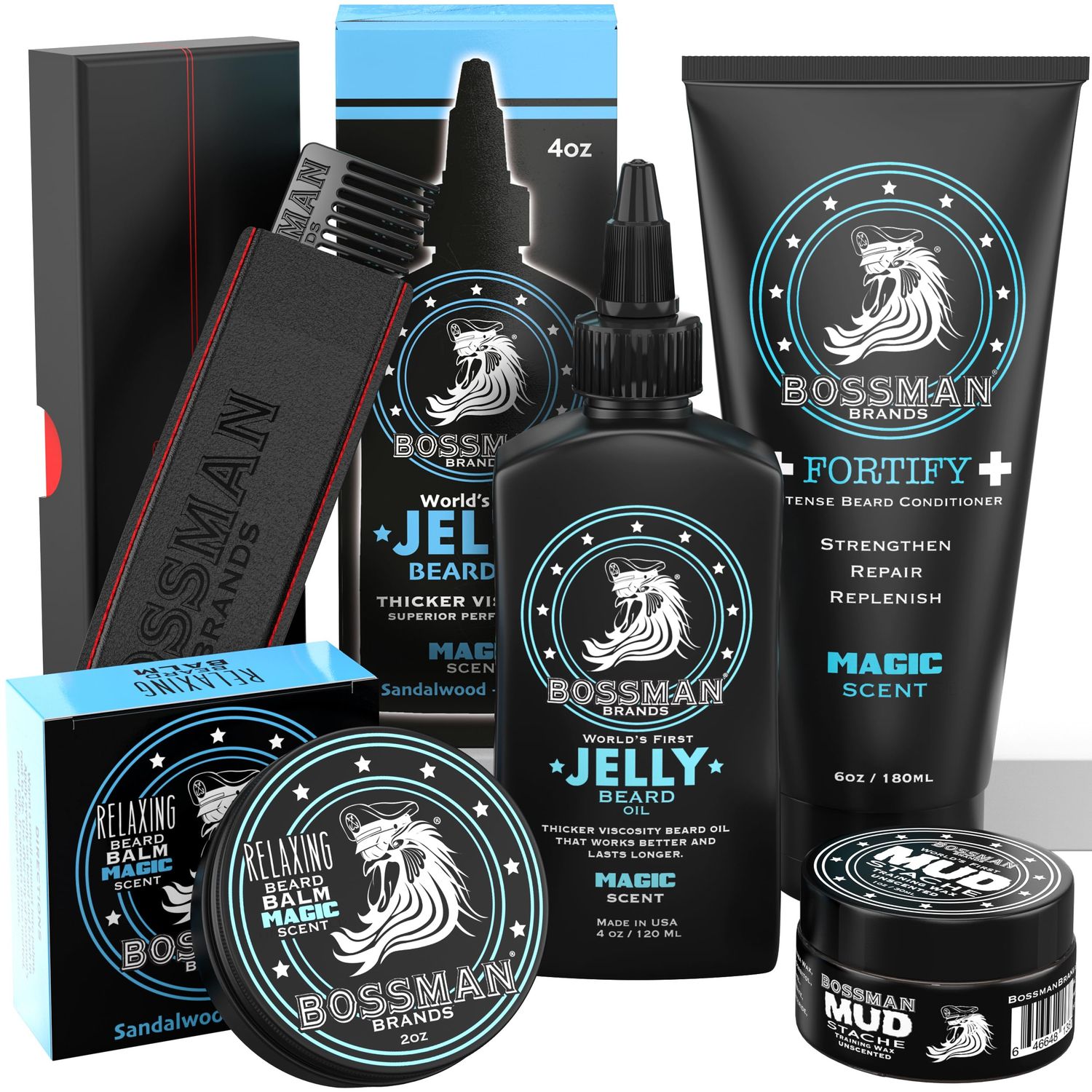 Bossman Complete Beard Kit - Men&#39;s Beard Oil Jelly, Fortify Shower Conditioner, Balm, Mustache Wax and Comb - Beard Softener, Growth, Care and Grooming Products Kit (Magic)