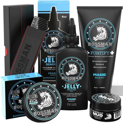 Bossman Complete Beard Kit - Men&#39;s Beard Oil Jelly, Fortify Shower Conditioner, Balm, Mustache Wax and Comb - Beard Softener, Growth, Care and Grooming Products Kit (Magic)