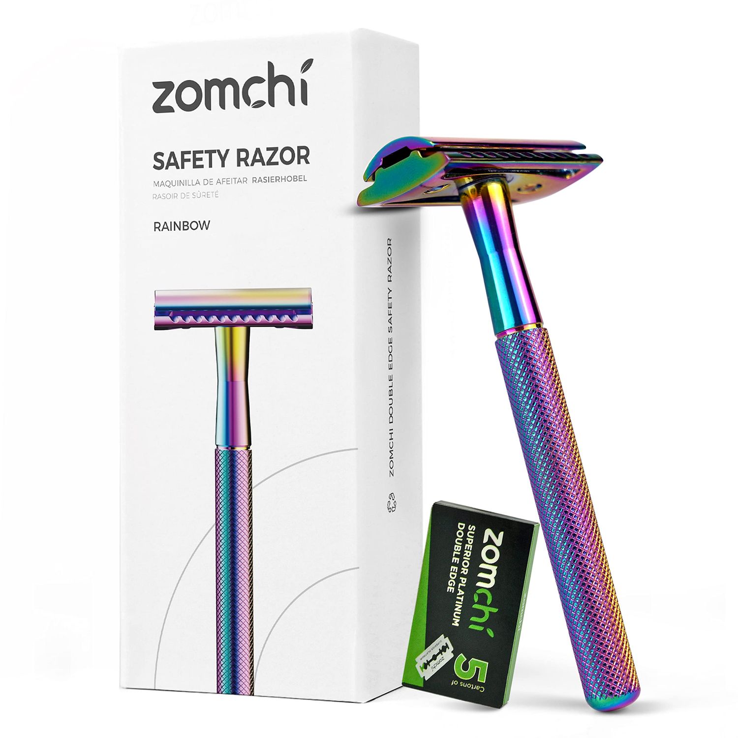 ZOMCHI Double Edge Safety Razor with 5 Safety Razor Blades, Women &amp; Mens Safety Shaving Razor, Reusable Razor, Plastic Free - Rainbow