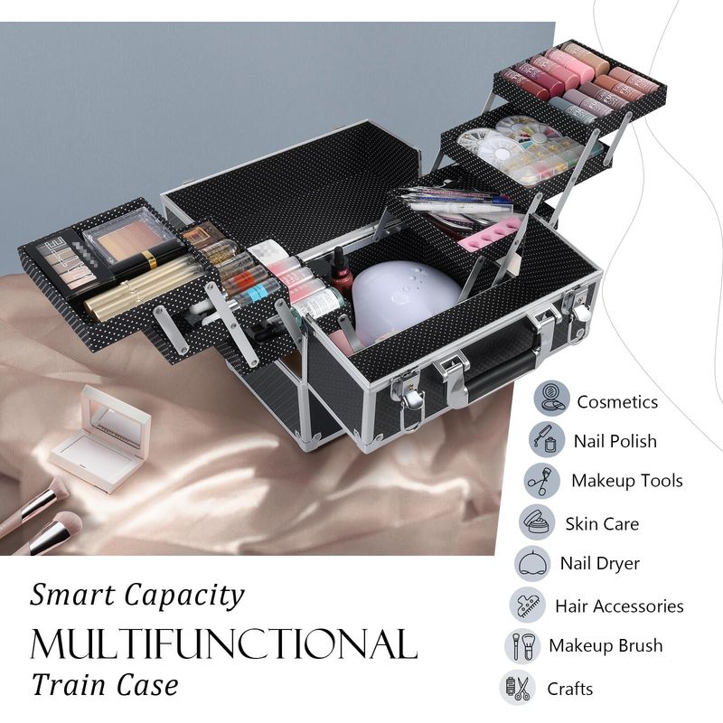 FRENESSA Makeup Train Case 12 inch Large Portable Cosmetic Case - 6 Tier Trays Professional Makeup Storage Organizer Box Make Up Carrier with Lockable keys Travel Case for Women and Girls - Black