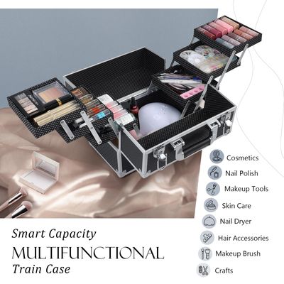 FRENESSA Makeup Train Case 12 inch Large Portable Cosmetic Case - 6 Tier Trays Professional Makeup Storage Organizer Box Make Up Carrier with Lockable keys Travel Case for Women and Girls - Black