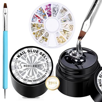 Modelones Rhinestone Glue for Nail, No Wipe Nail Gem Glue, Super Strong Adhesive Glue Gel with Nail Charms &amp; Dual-Use Nail Brush for Nail Rhinestones/Nail Jewelry/Nail Diamonds, 4 Piece Set