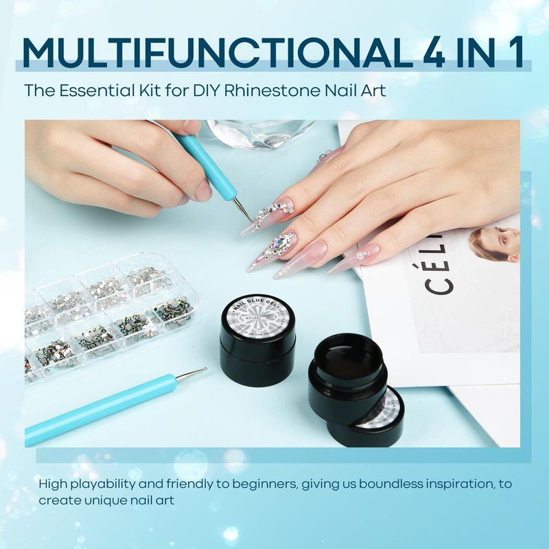 Modelones Rhinestone Glue for Nail, No Wipe Nail Gem Glue, Super Strong Adhesive Glue Gel with Nail Charms &amp; Dual-Use Nail Brush for Nail Rhinestones/Nail Jewelry/Nail Diamonds, 4 Piece Set