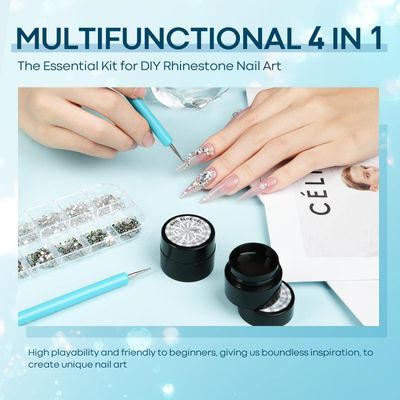Modelones Rhinestone Glue for Nail, No Wipe Nail Gem Glue, Super Strong Adhesive Glue Gel with Nail Charms &amp; Dual-Use Nail Brush for Nail Rhinestones/Nail Jewelry/Nail Diamonds, 4 Piece Set