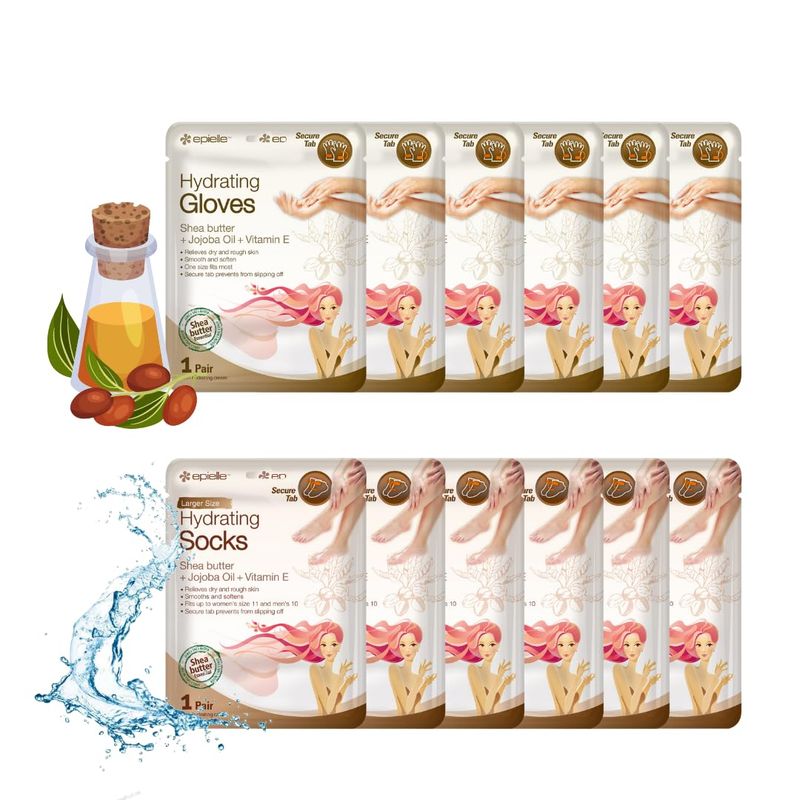 Epielle Hydrating Hand &amp; Foot Masks (Glove &amp; Socks 12pk) for Dry Hand, Dry &amp; Cracked Heel | Spa Day | Shea Butter + Jojoba Oil + Vitamin E, Beauty Mothers Day Gifts