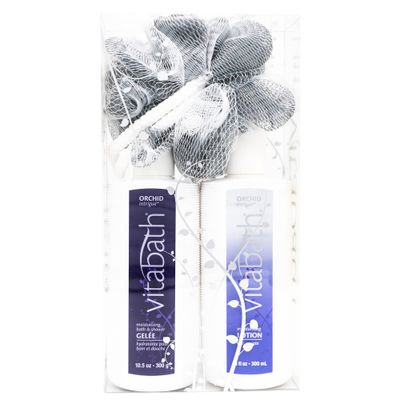 Vitabath Orchid Intrigue Everyday Skincare Set Moisturizing Shower Gel Wash, Reviving Lotion &amp; Exfoliating Body Scrubber Pouf - Alluring Foam Cleanser &amp; Dry Skin Hydration for Women &amp; Men