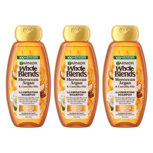 Garnier Whole Blends Moroccan Argan &amp; Camellia Oils Illuminating Shampoo for Silky Shine, 12.5 Fl Oz, 3 Count (Packaging May Vary)