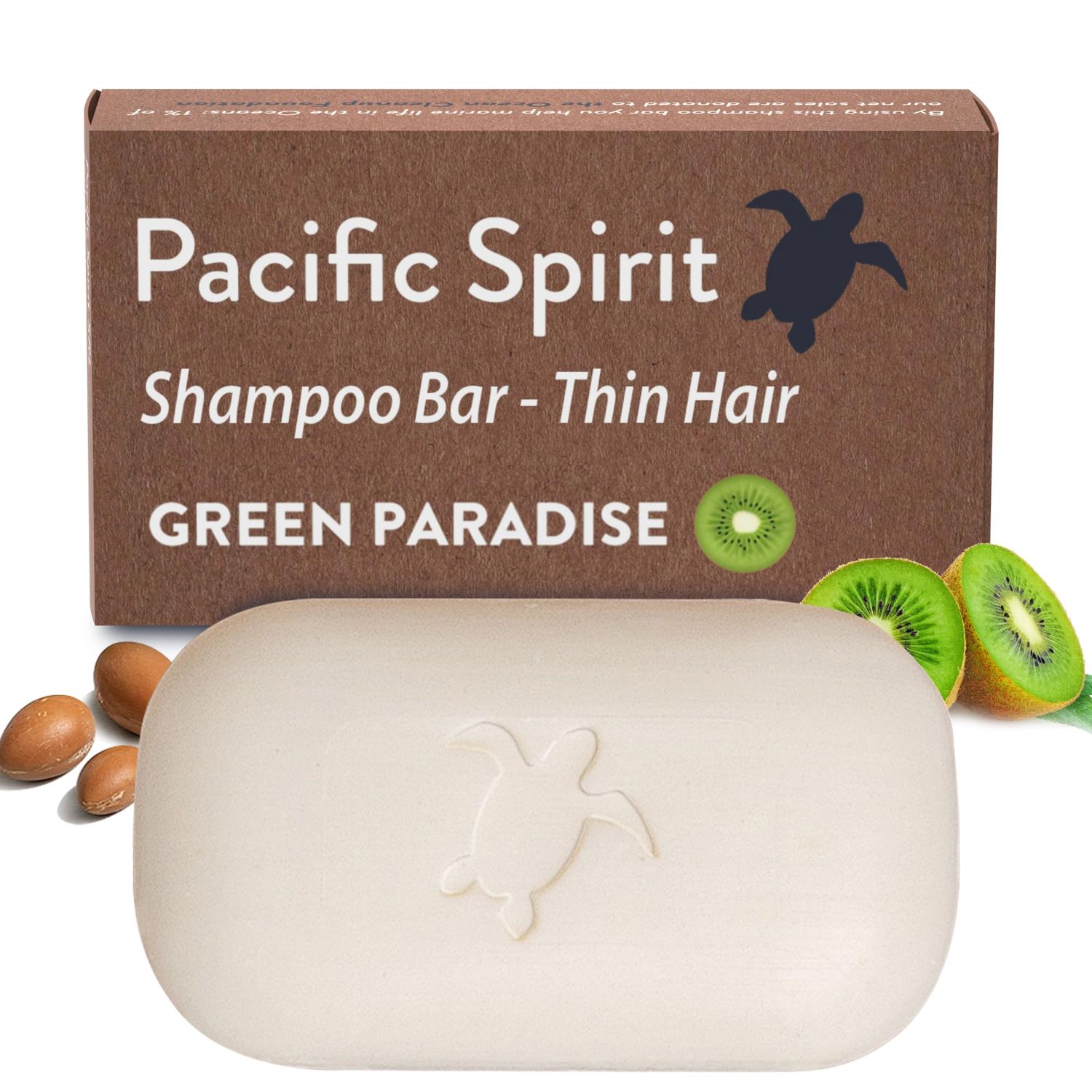 Pacific Spirit Shampoo Bar for thin hair with Argan Oil &amp; Kiwi, Gentle foam, Natural, Green, SLS free, Sulfate Free, Soap-Free, Zero Waste, Vegan, 3.53 Oz