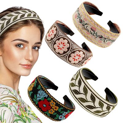 EBOOT 4 Pieces Boho Headband for Women Embroidery Wide Hair Band Bohemia Floral Knotted Wide Headbands Vintage Ethnic Style Hair Band Girls Hair Accessories(Classic Pattern)