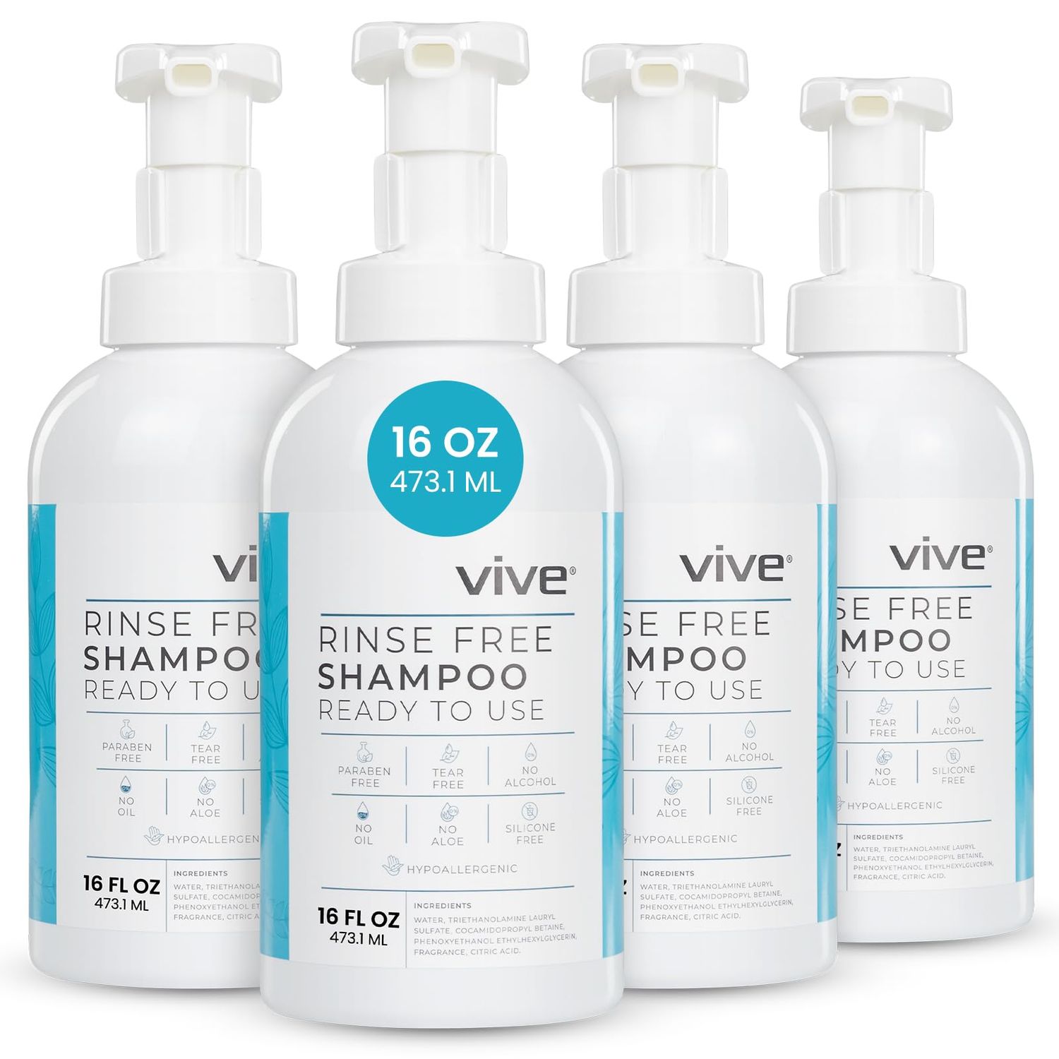 Vive Rinse Free Shampoo (4 Pack) - 16 Ounce Waterless Foam Wash For Elderly, Bedridden Patients, Women, Men - No Water Shower Cap Alternative For Washing Sensitive Skin - For Hospital, Camping, Hiking