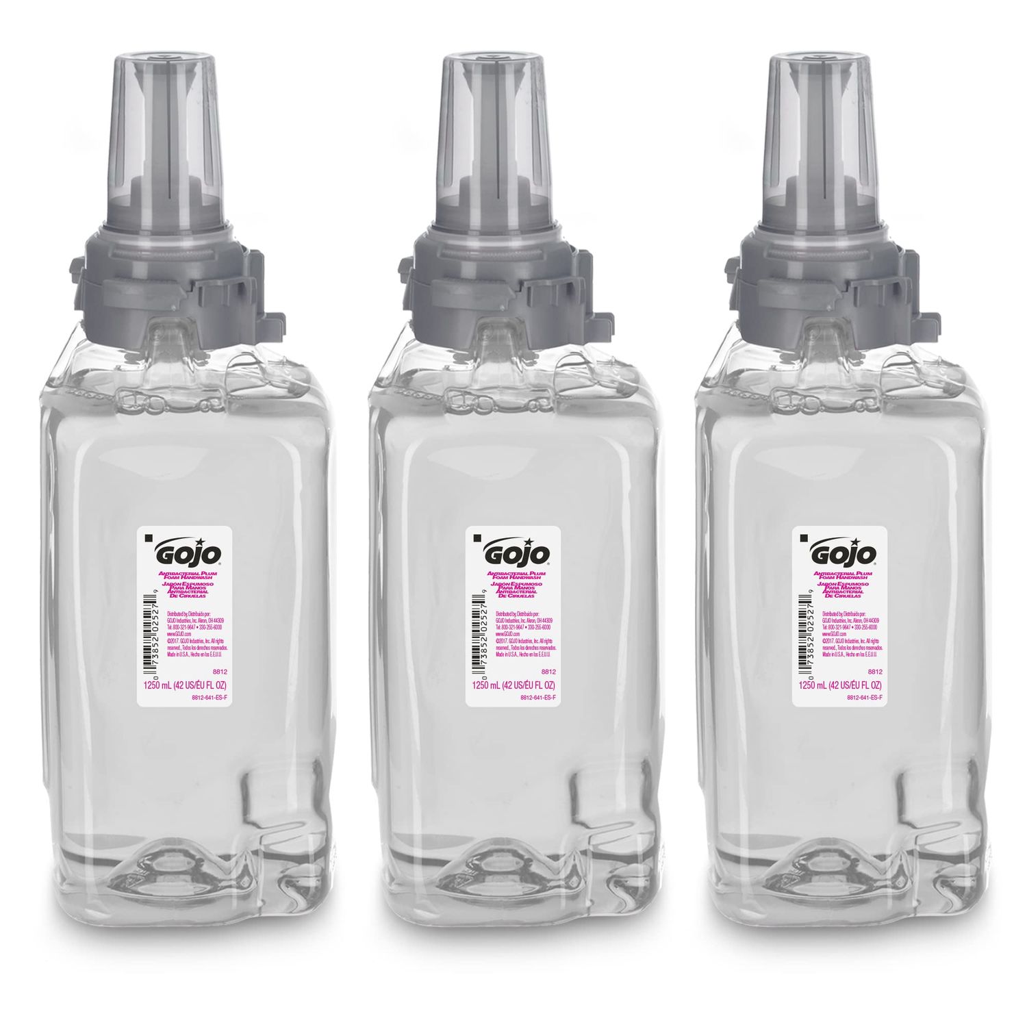 GOJO Antibacterial Foam Handwash, Plum Fragrance, 1250 mL Soap Refill ADX-12 Push-Style Dispenser (Pack of 3) - 8812-03