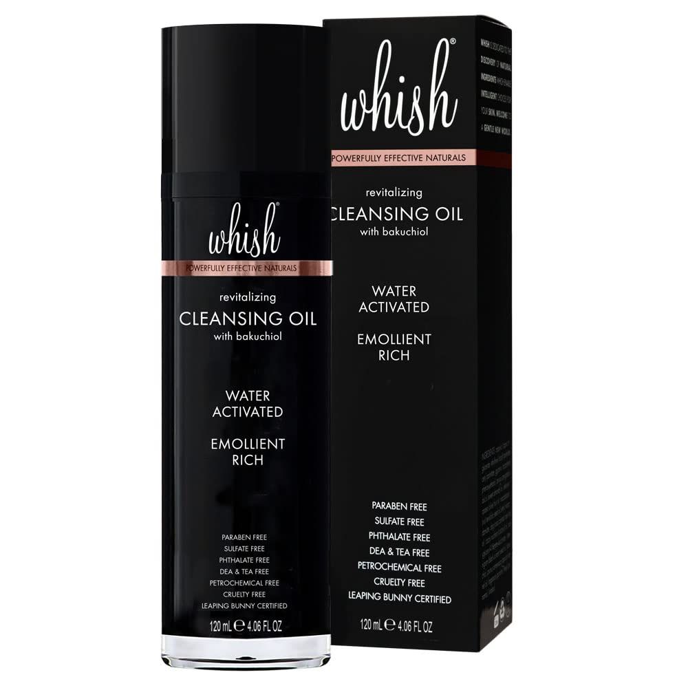 Whish Revitalizing Cleansing Oil with Bakuchiol - Detergent &amp; Soap Free Face Wash - Water-Activated Rich Oil Cleanser to Gently Remove Stubborn Makeup - With Natural Retinol Alternative - 4 fl oz